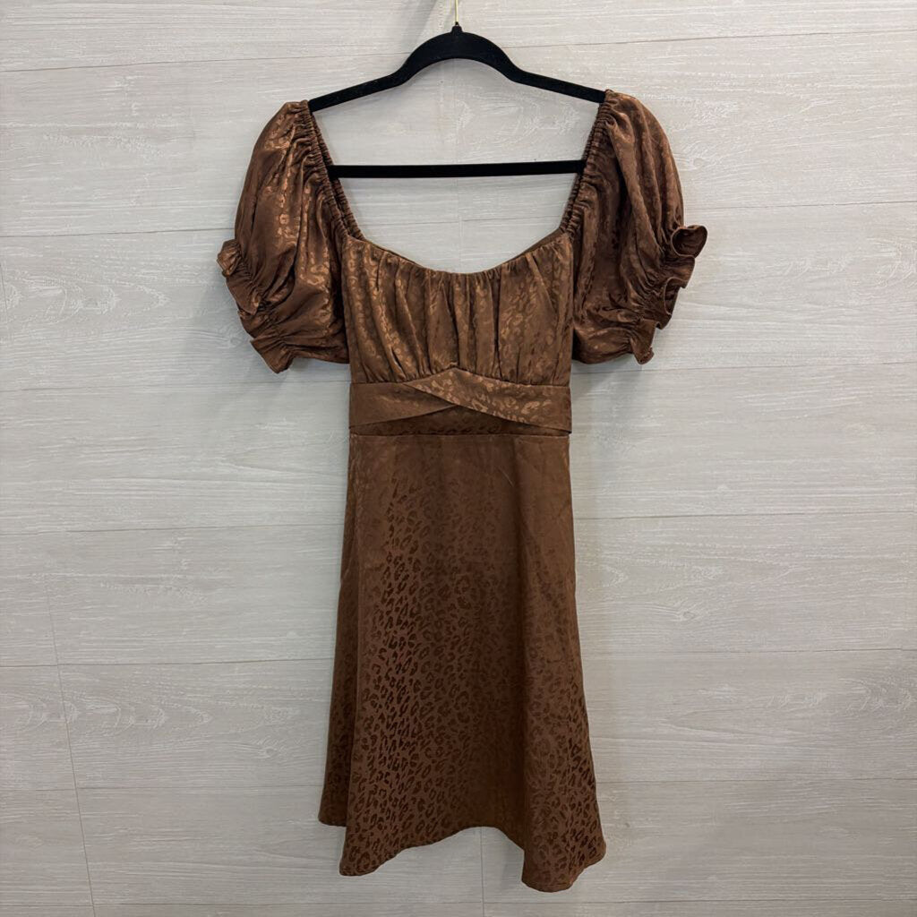 Mi Ami Brown Silky Leopard Print Short Puff Sleeve Dress Extra Large