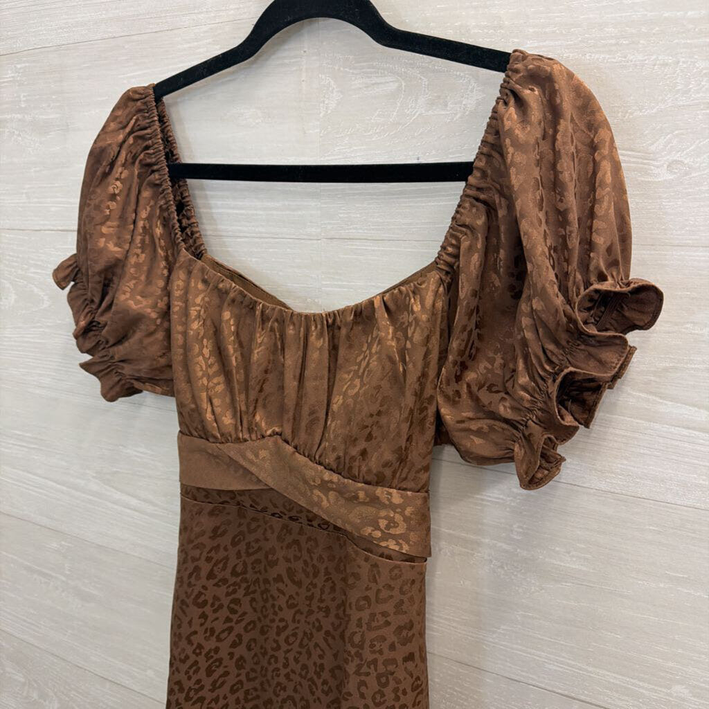 Mi Ami Brown Silky Leopard Print Short Puff Sleeve Dress Extra Large