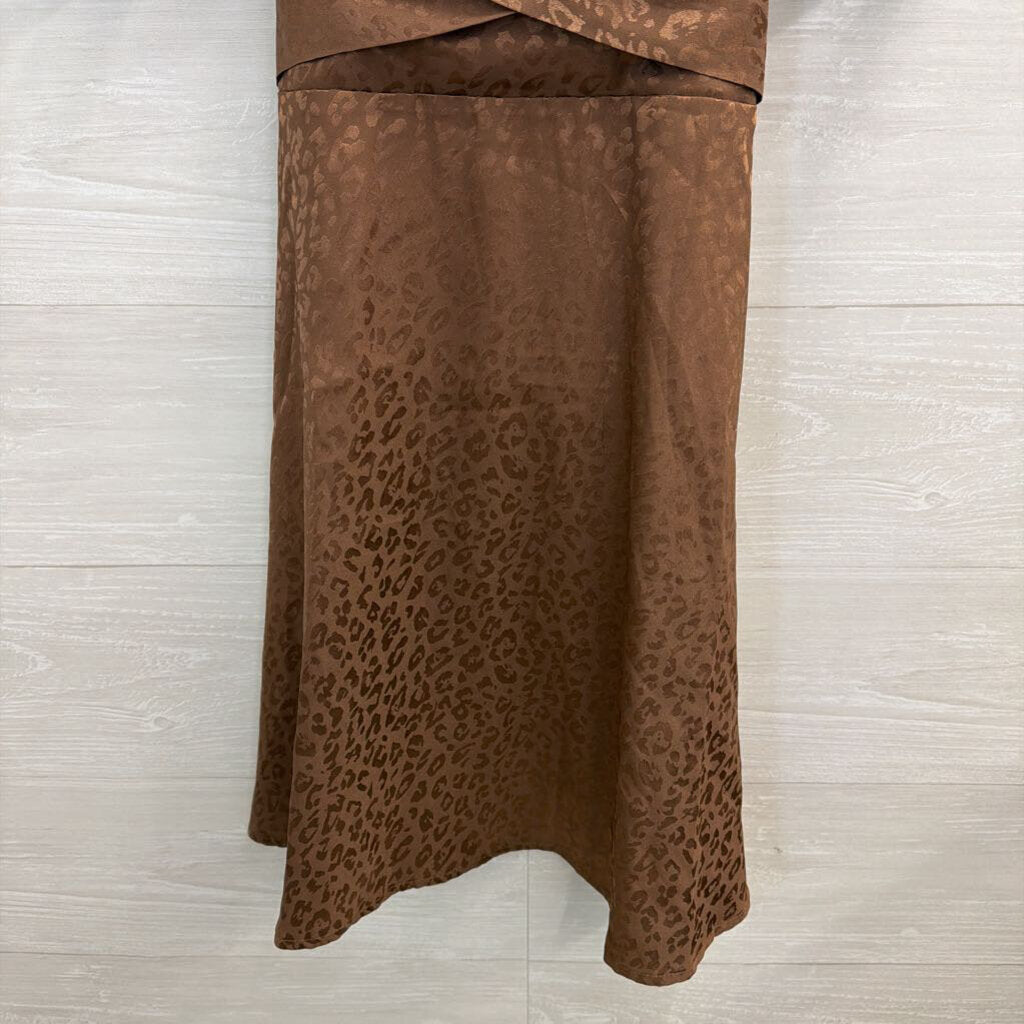 Mi Ami Brown Silky Leopard Print Short Puff Sleeve Dress Extra Large
