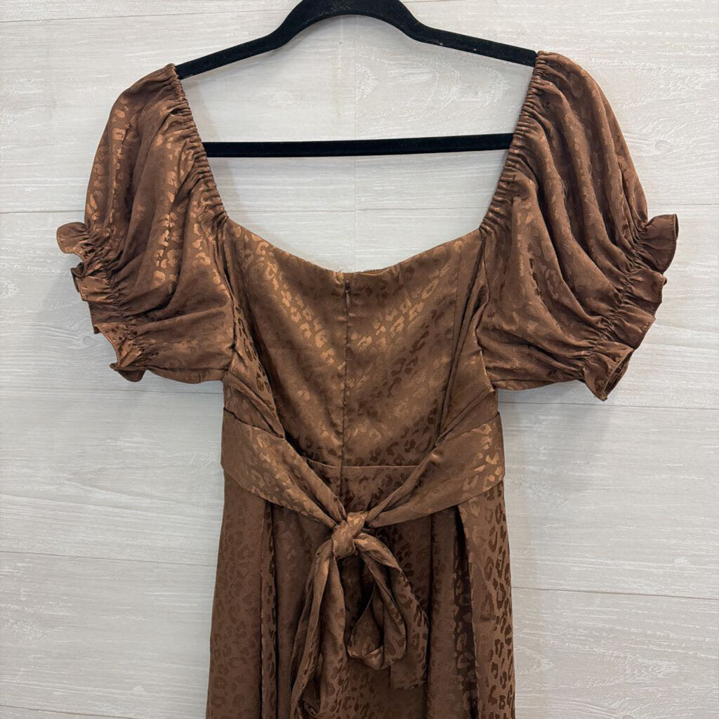 Mi Ami Brown Silky Leopard Print Short Puff Sleeve Dress Extra Large
