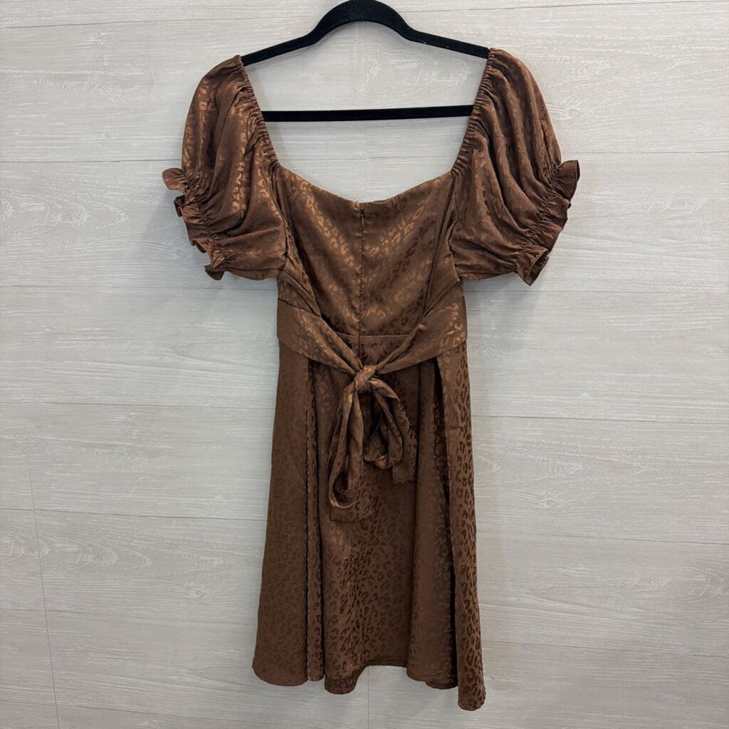 Mi Ami Brown Silky Leopard Print Short Puff Sleeve Dress Extra Large