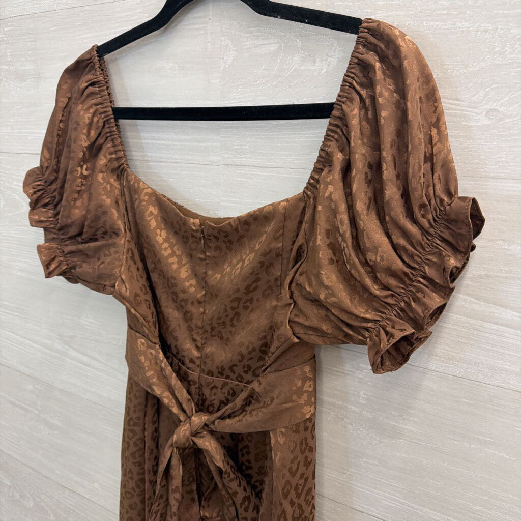 Mi Ami Brown Silky Leopard Print Short Puff Sleeve Dress Extra Large