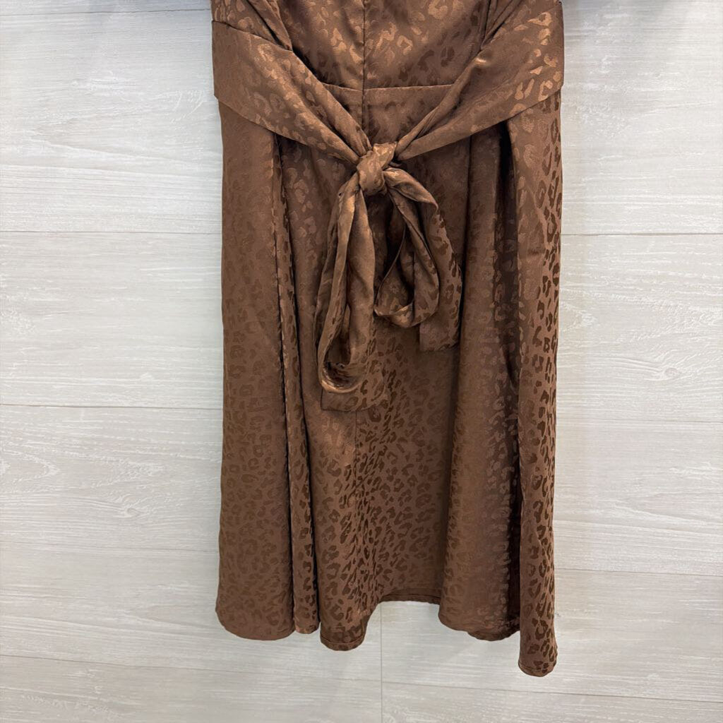 Mi Ami Brown Silky Leopard Print Short Puff Sleeve Dress Extra Large