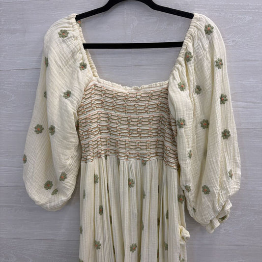 Free People Cream/ Multi Dahlia Embroidered Long Puff Sleeve Maxi Dress Small