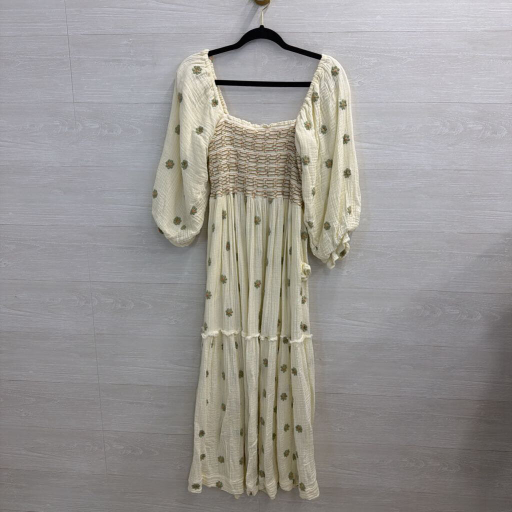 Free People Cream/ Multi Dahlia Embroidered Long Puff Sleeve Maxi Dress Small