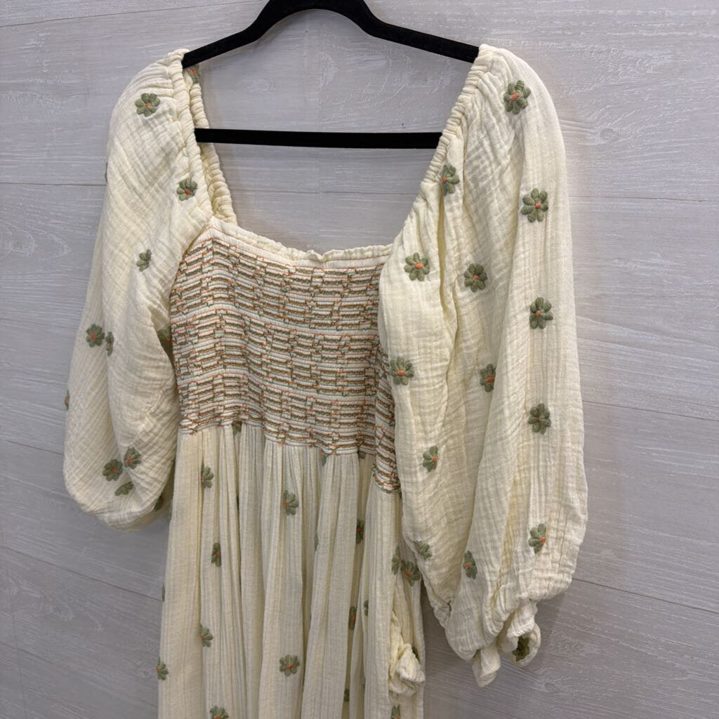 Free People Cream/ Multi Dahlia Embroidered Long Puff Sleeve Maxi Dress Small