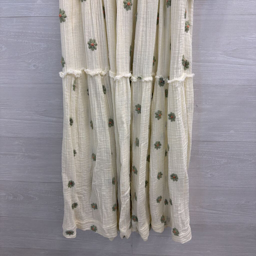 Free People Cream/ Multi Dahlia Embroidered Long Puff Sleeve Maxi Dress Small
