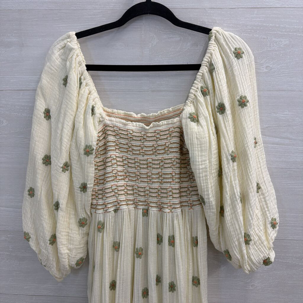 Free People Cream/ Multi Dahlia Embroidered Long Puff Sleeve Maxi Dress Small