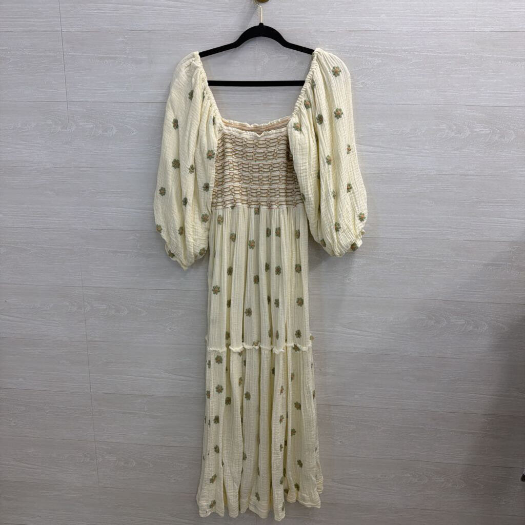 Free People Cream/ Multi Dahlia Embroidered Long Puff Sleeve Maxi Dress Small