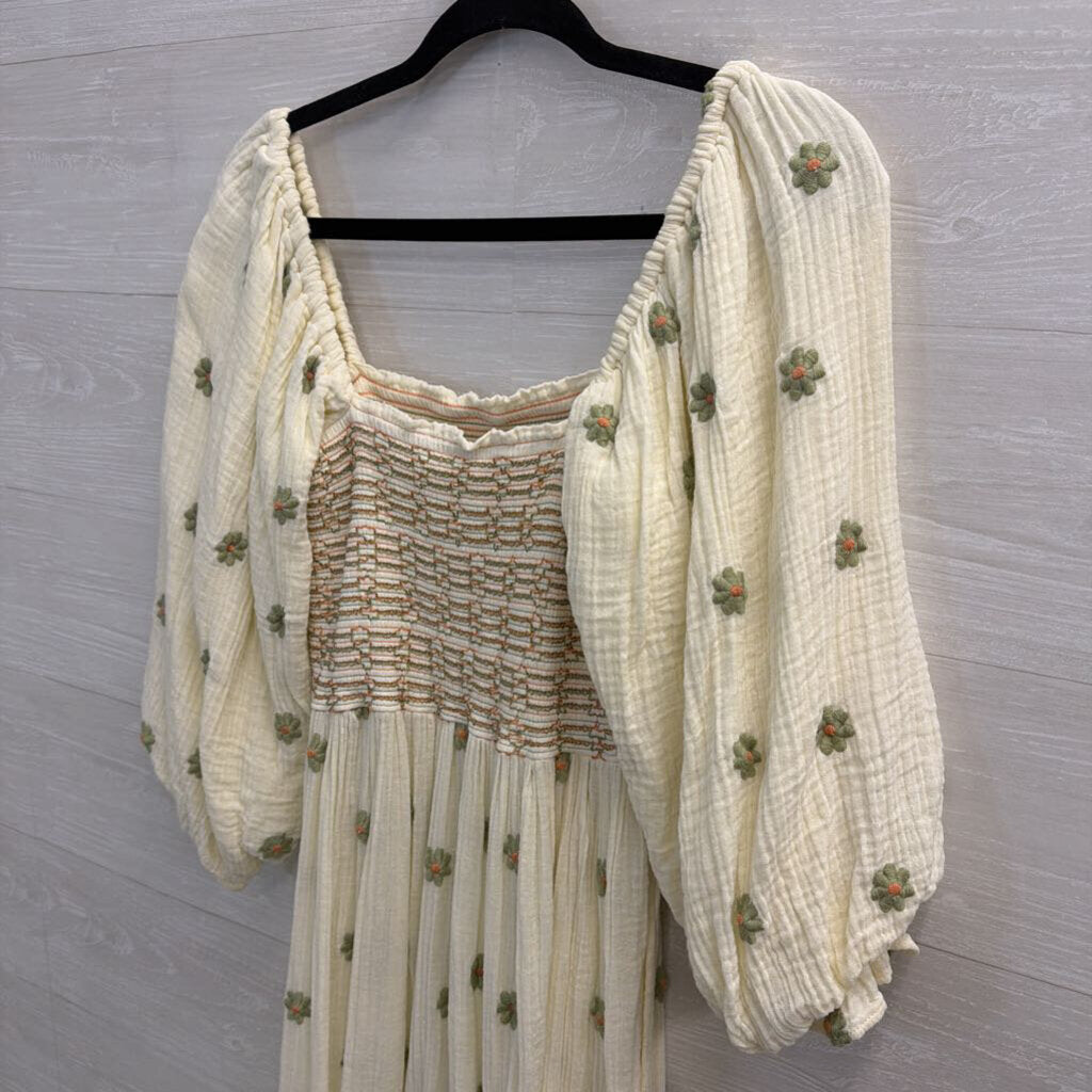 Free People Cream/ Multi Dahlia Embroidered Long Puff Sleeve Maxi Dress Small