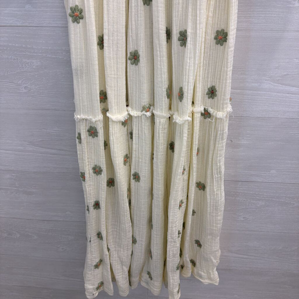 Free People Cream/ Multi Dahlia Embroidered Long Puff Sleeve Maxi Dress Small