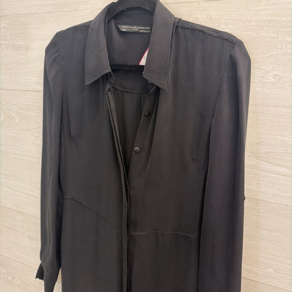 Peruvian Connection Black 100% Silk Unlined Long Sleeve Button Front Maxi Dress 4