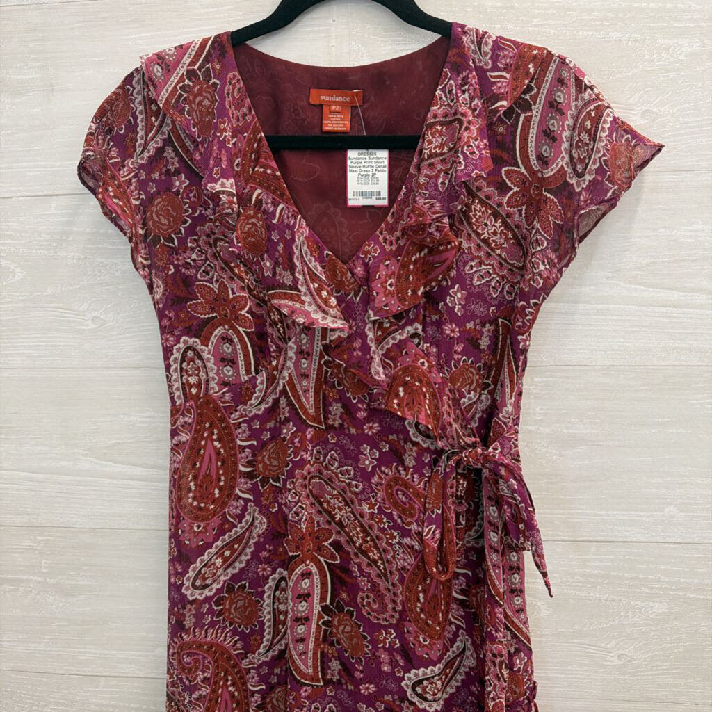 Sundance Purple Print Short Sleeve Ruffle Detail Maxi Dress 2 Petite