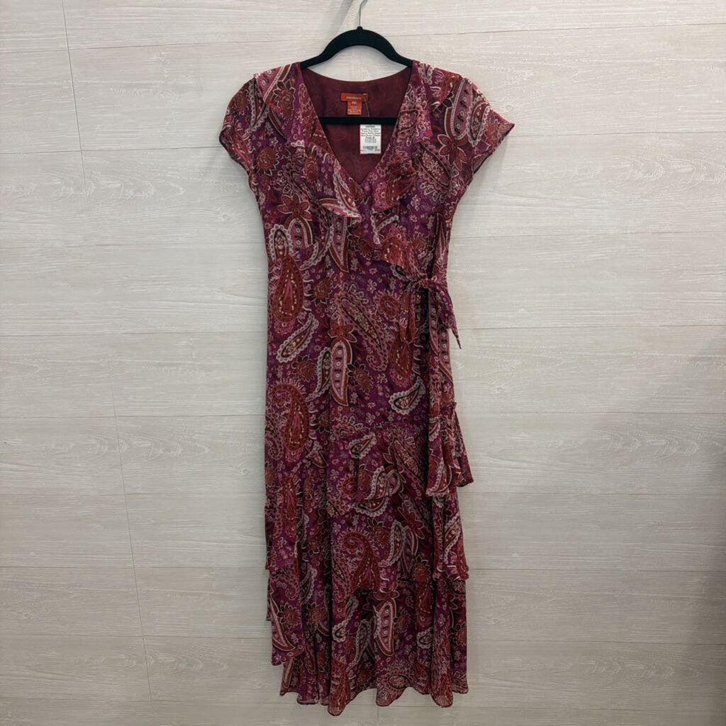 Sundance Purple Print Short Sleeve Ruffle Detail Maxi Dress 2 Petite