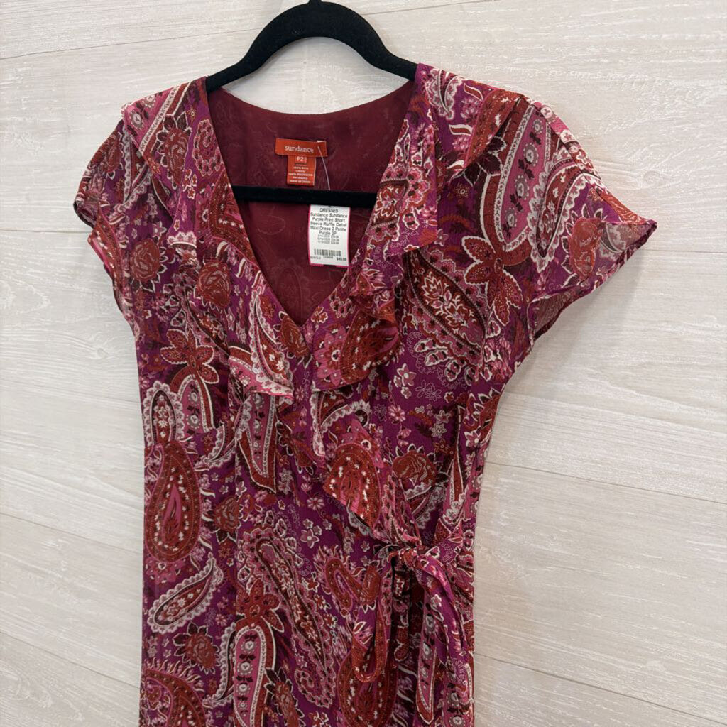Sundance Purple Print Short Sleeve Ruffle Detail Maxi Dress 2 Petite