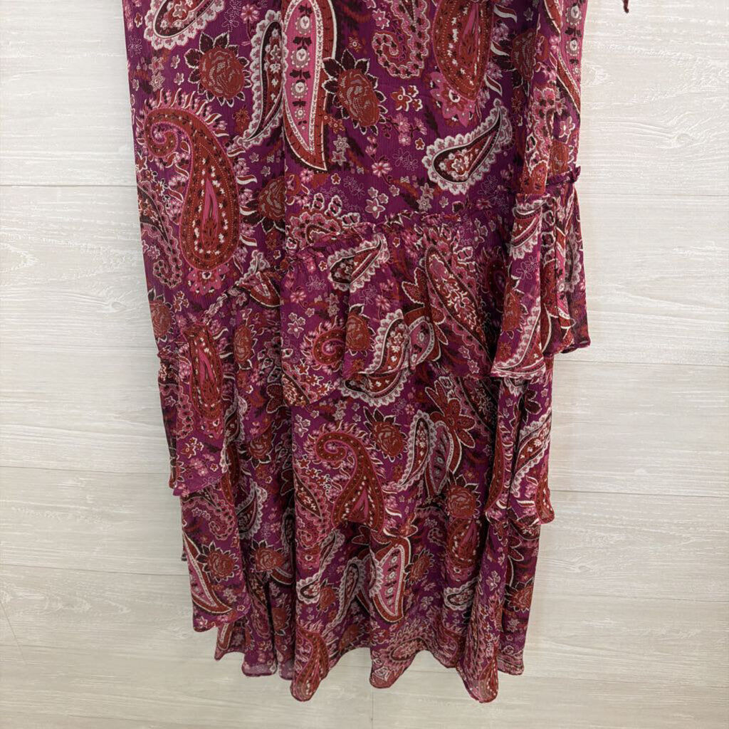 Sundance Purple Print Short Sleeve Ruffle Detail Maxi Dress 2 Petite
