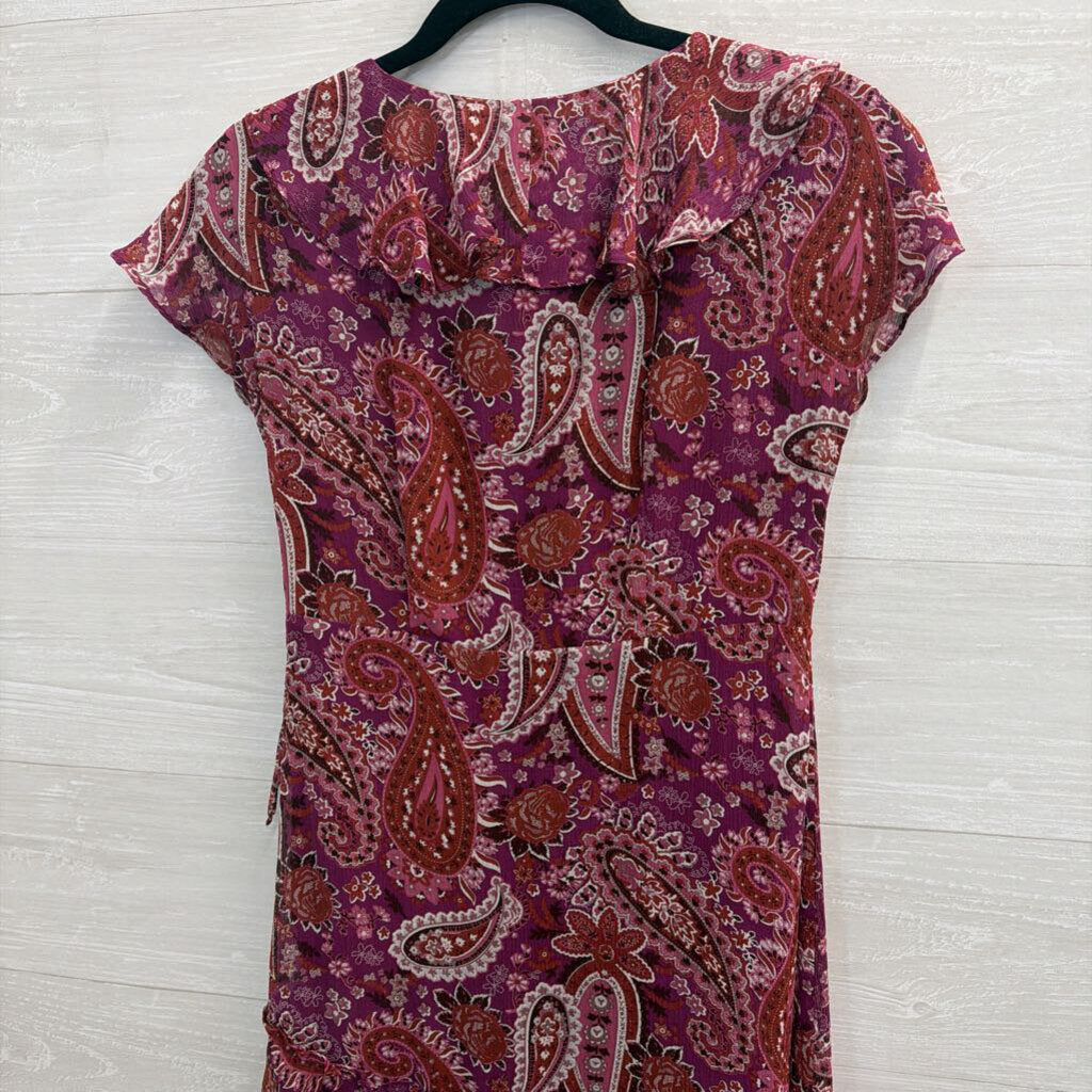 Sundance Purple Print Short Sleeve Ruffle Detail Maxi Dress 2 Petite