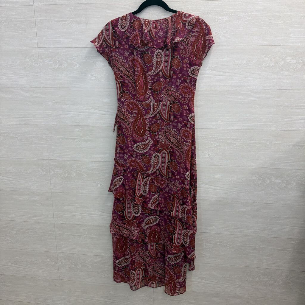Sundance Purple Print Short Sleeve Ruffle Detail Maxi Dress 2 Petite
