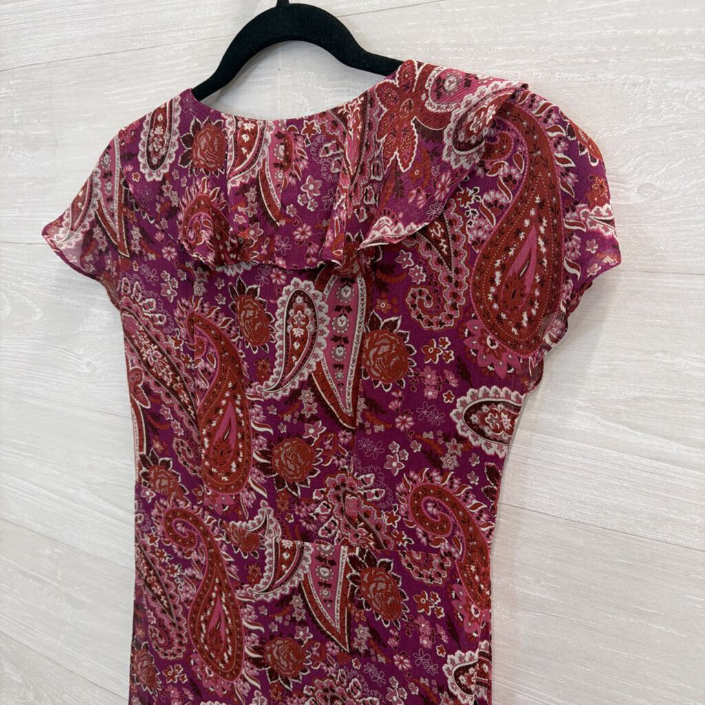 Sundance Purple Print Short Sleeve Ruffle Detail Maxi Dress 2 Petite