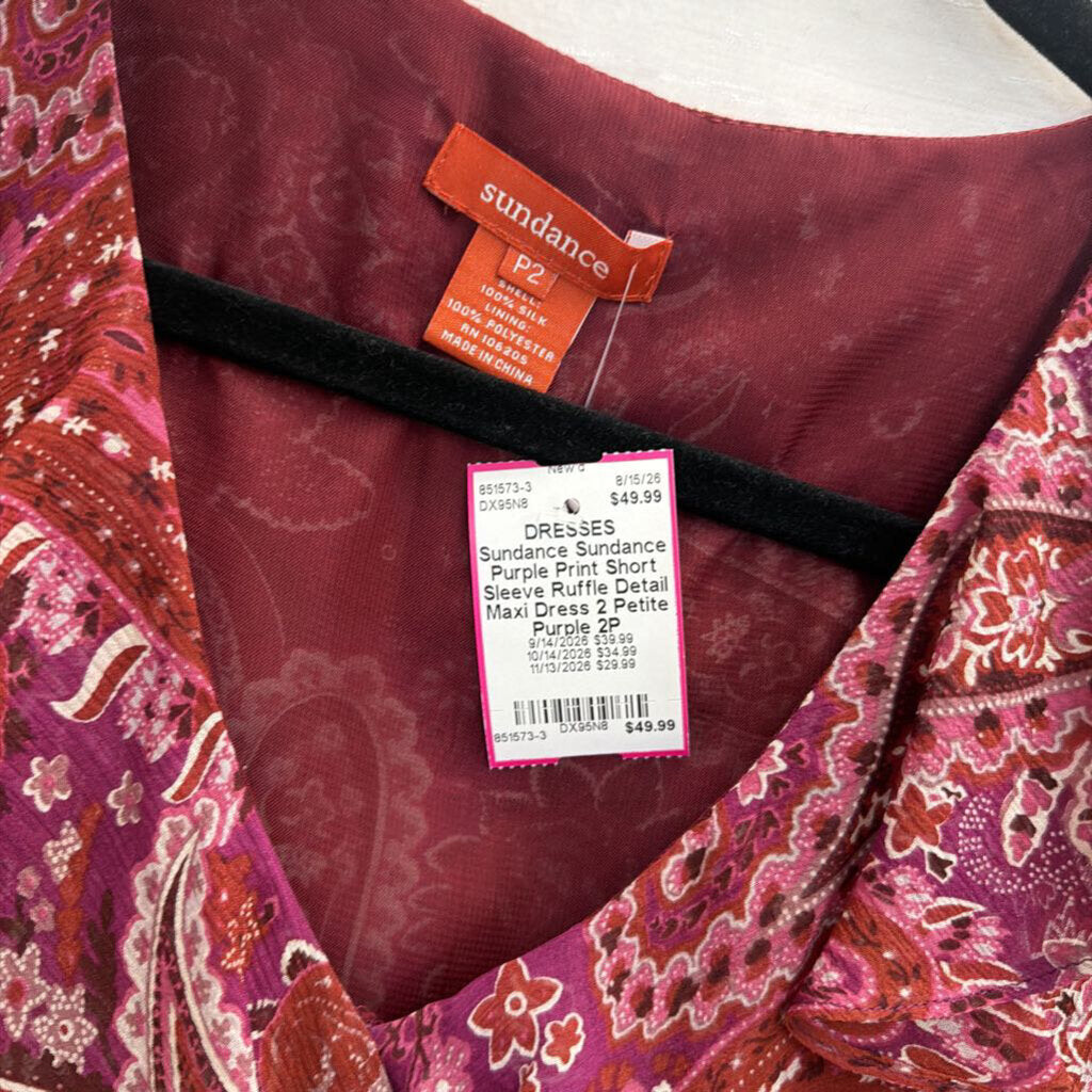 Sundance Purple Print Short Sleeve Ruffle Detail Maxi Dress 2 Petite