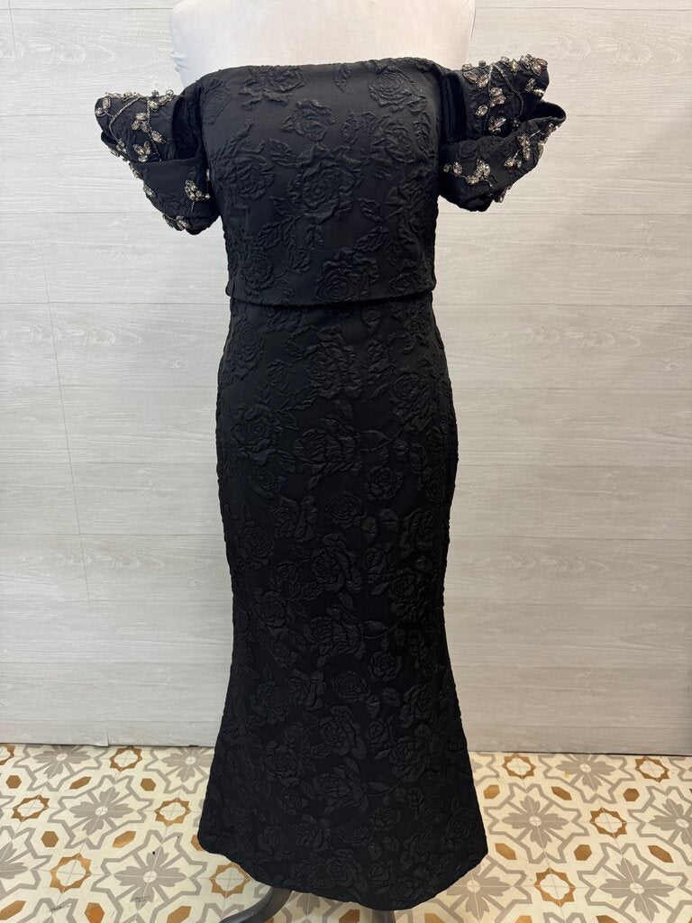 Badgley Mischka Black Floral Jacquard Embellished Short Puff Sleeve Long Formal Dress 6