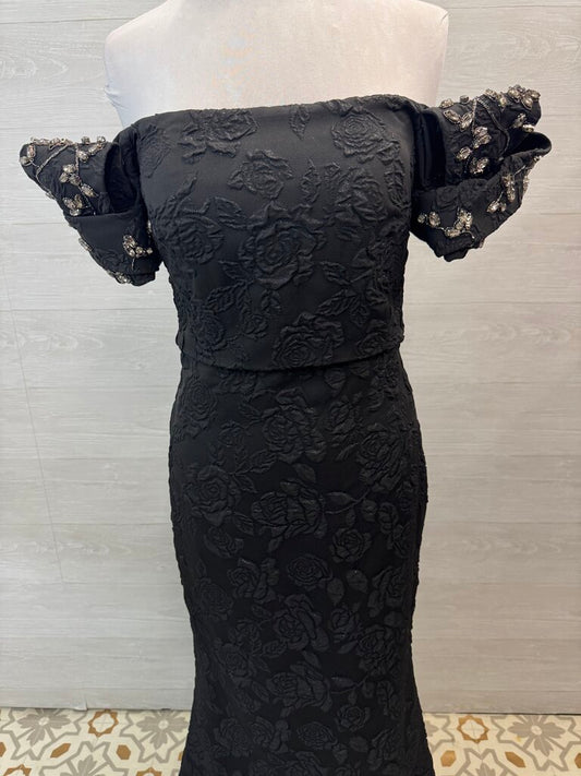 Badgley Mischka Black Floral Jacquard Embellished Short Puff Sleeve Long Formal Dress 6