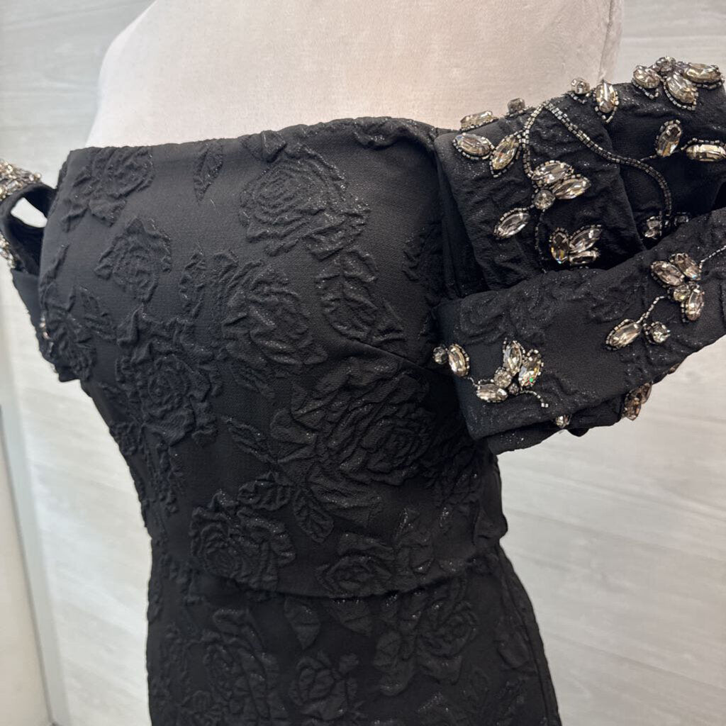 Badgley Mischka Black Floral Jacquard Embellished Short Puff Sleeve Long Formal Dress 6