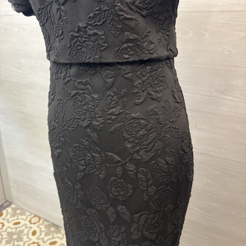 Badgley Mischka Black Floral Jacquard Embellished Short Puff Sleeve Long Formal Dress 6