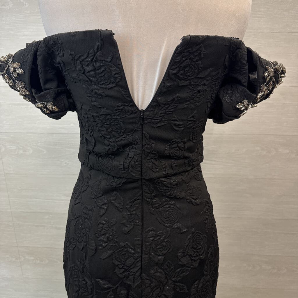 Badgley Mischka Black Floral Jacquard Embellished Short Puff Sleeve Long Formal Dress 6