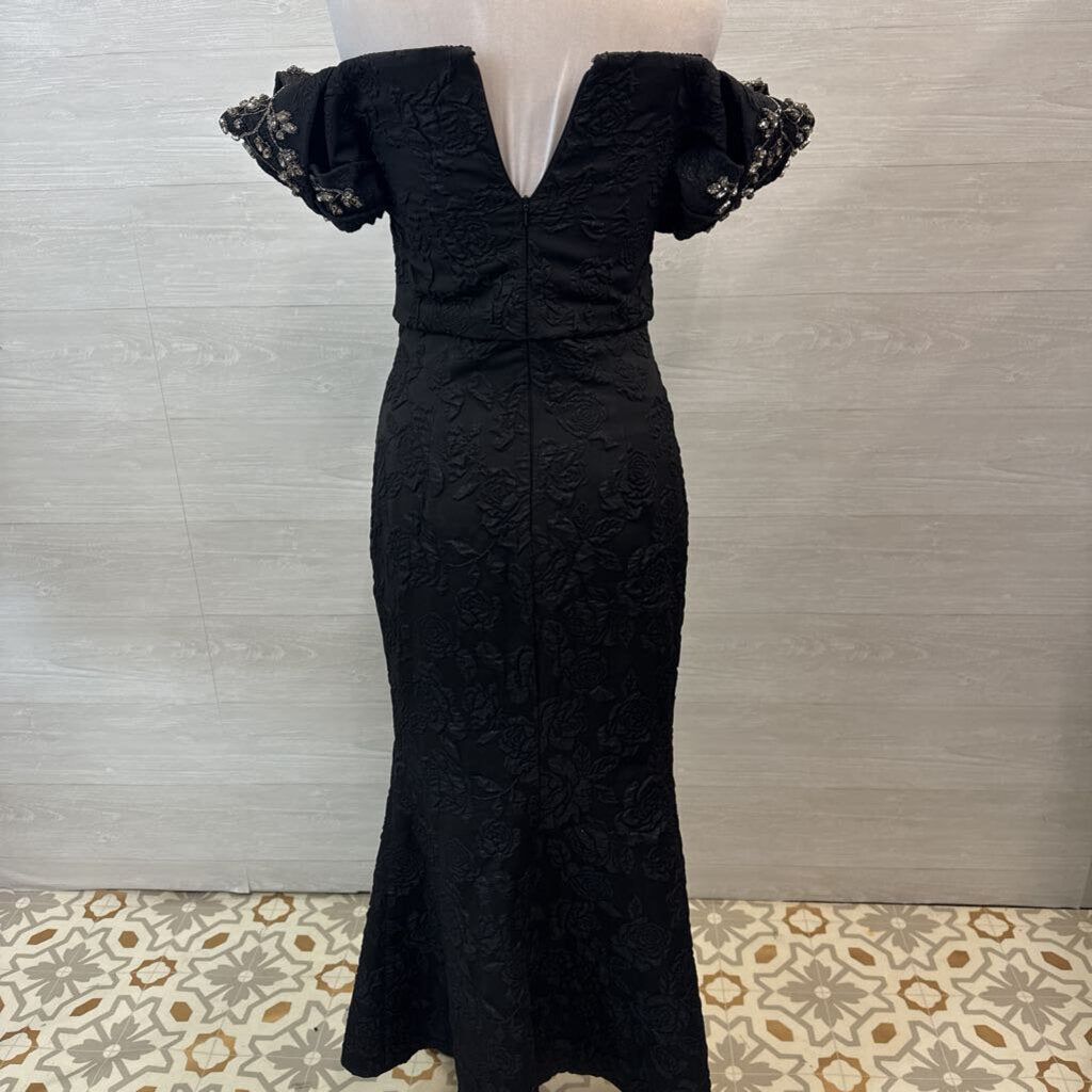 Badgley Mischka Black Floral Jacquard Embellished Short Puff Sleeve Long Formal Dress 6