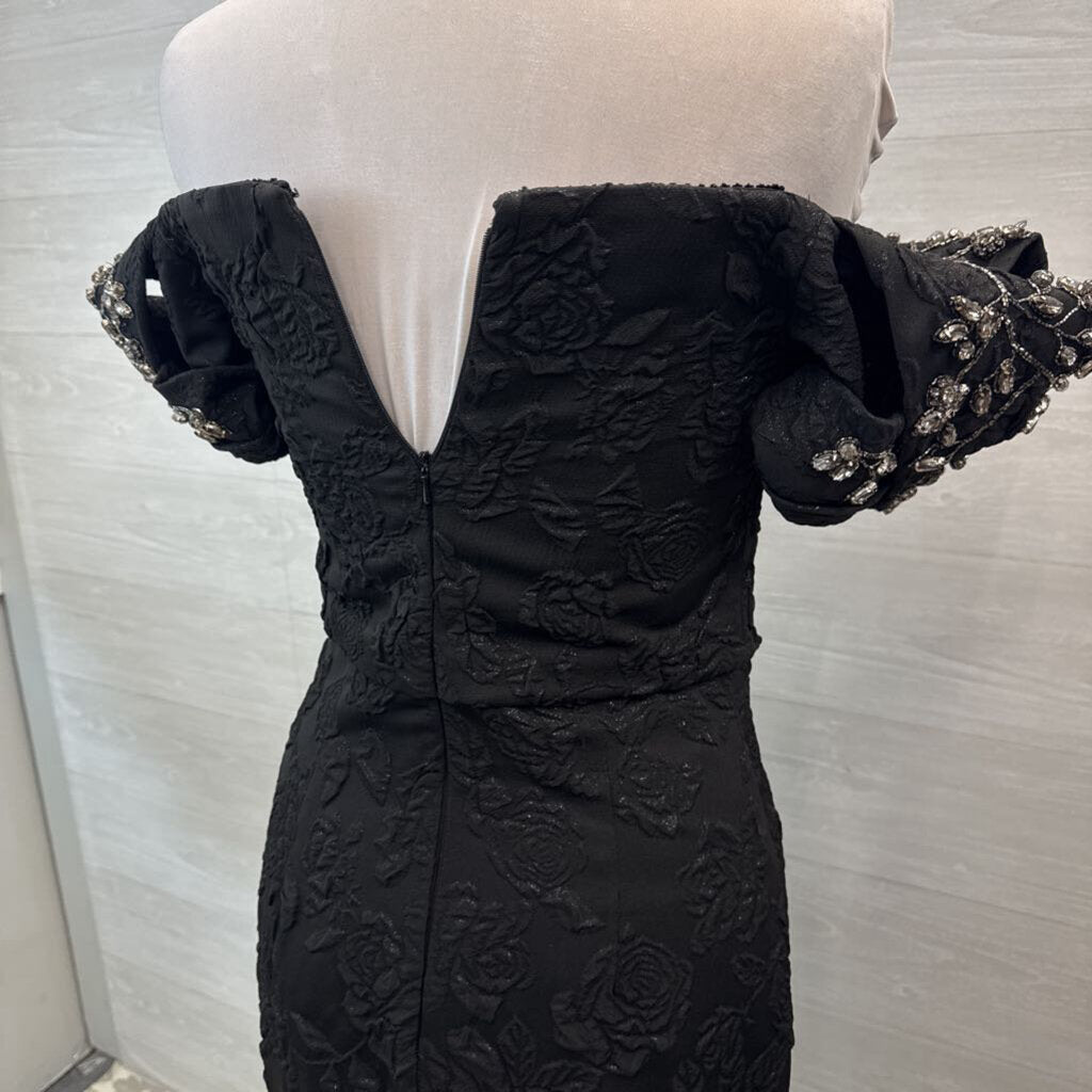 Badgley Mischka Black Floral Jacquard Embellished Short Puff Sleeve Long Formal Dress 6