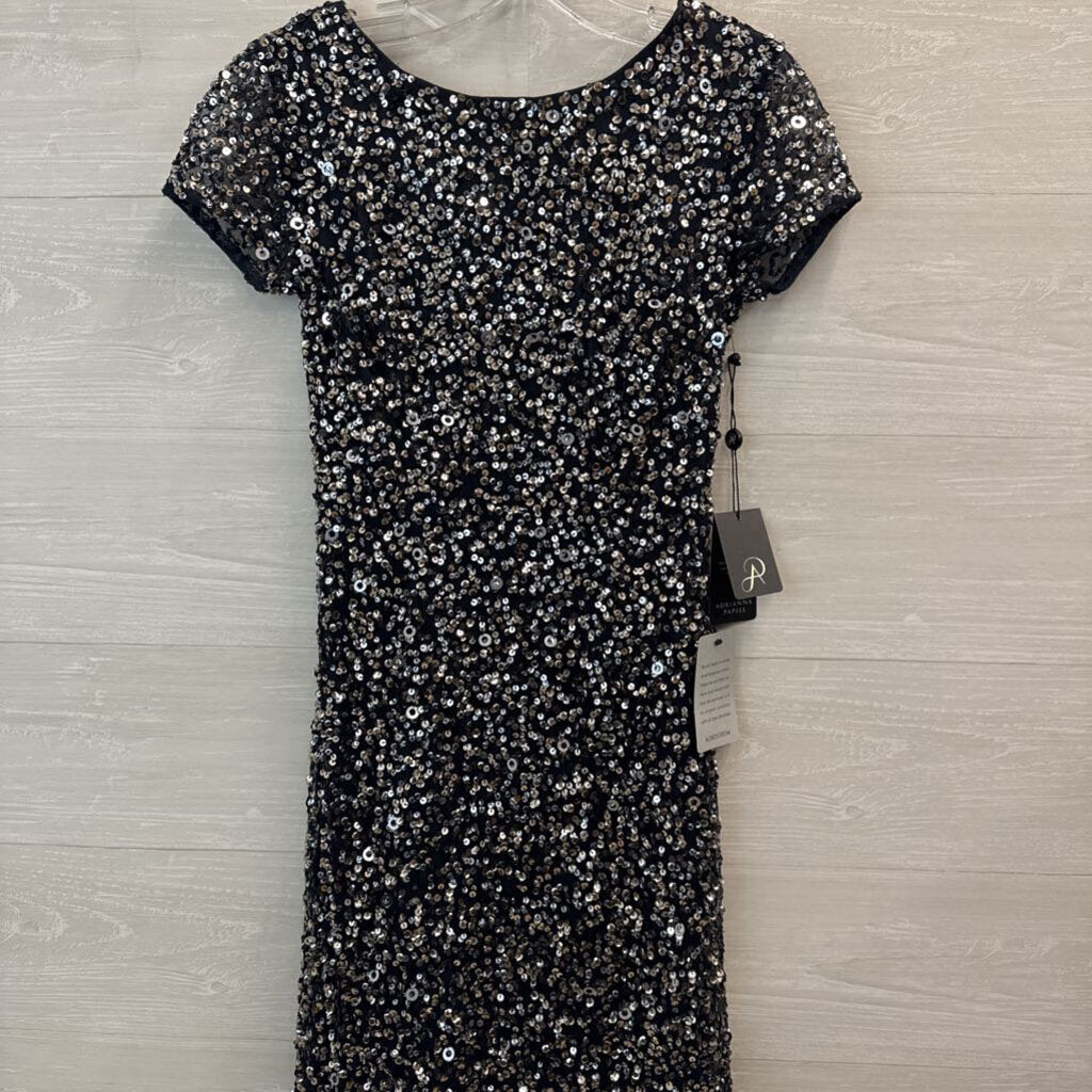 Adrianna Papell Grey/ Silver Sequin Short Sleeve Long Formal Dress 0 Petite