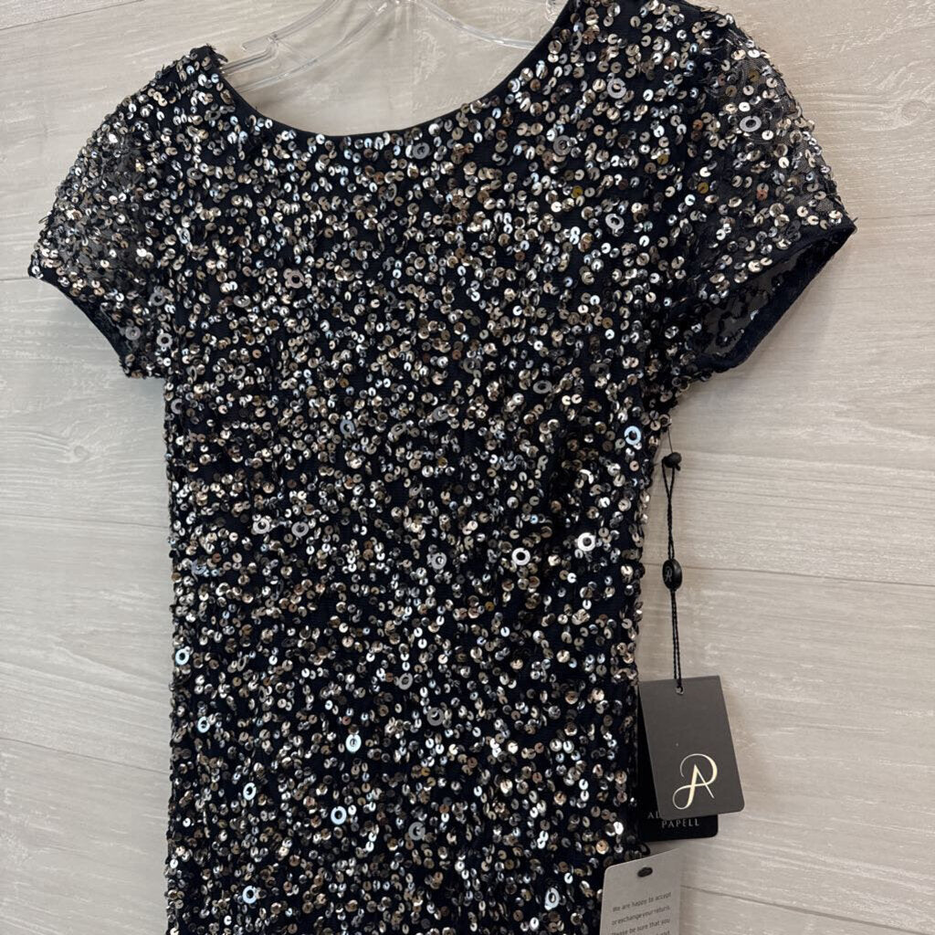 Adrianna Papell Grey/ Silver Sequin Short Sleeve Long Formal Dress 0 Petite