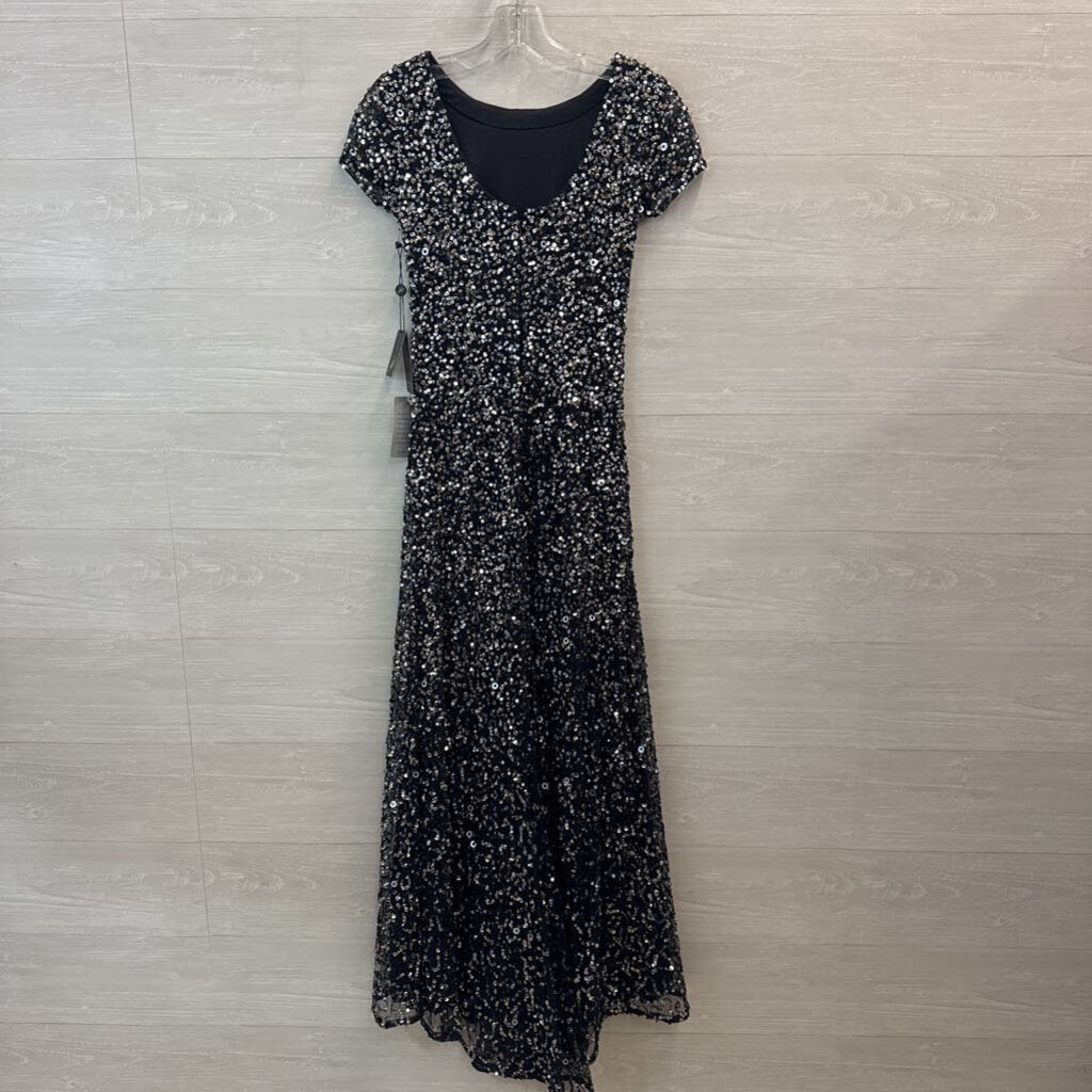 Adrianna Papell Grey/ Silver Sequin Short Sleeve Long Formal Dress 0 Petite