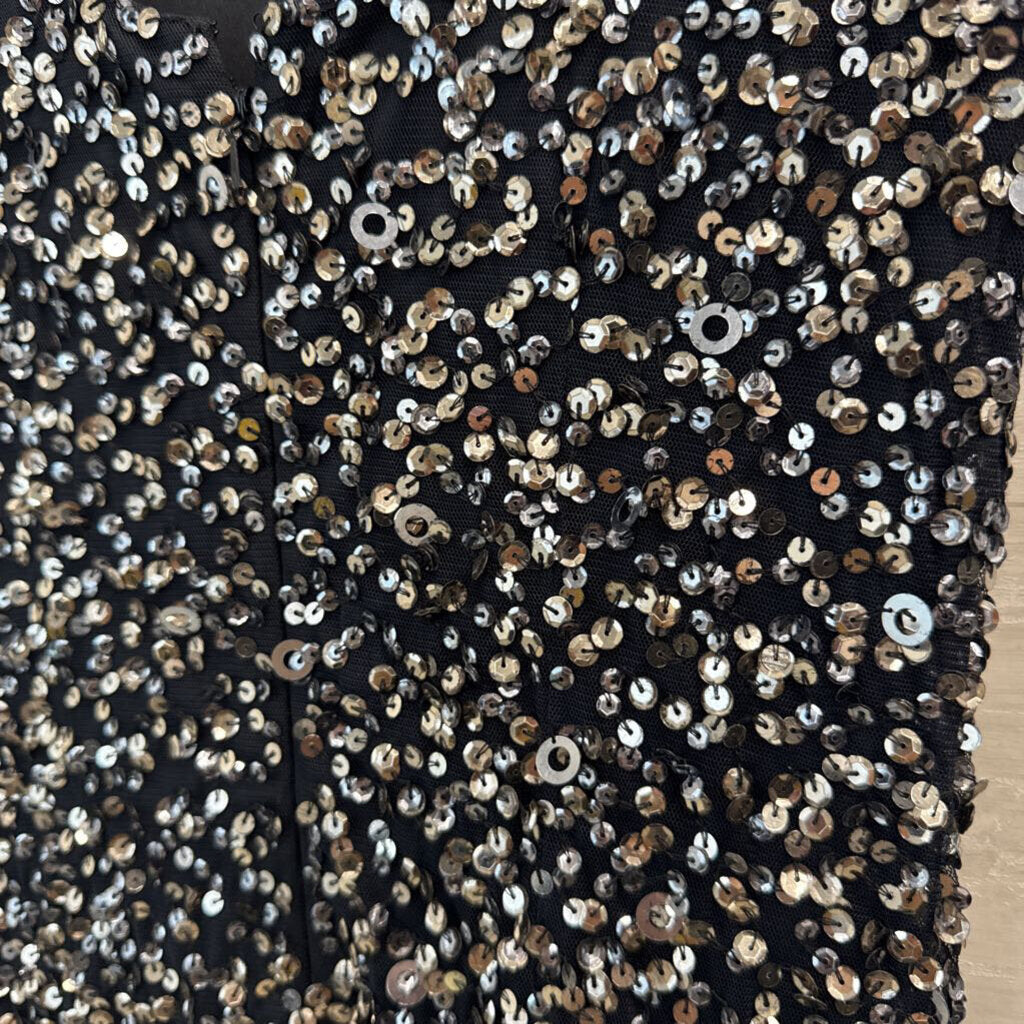 Adrianna Papell Grey/ Silver Sequin Short Sleeve Long Formal Dress 0 Petite