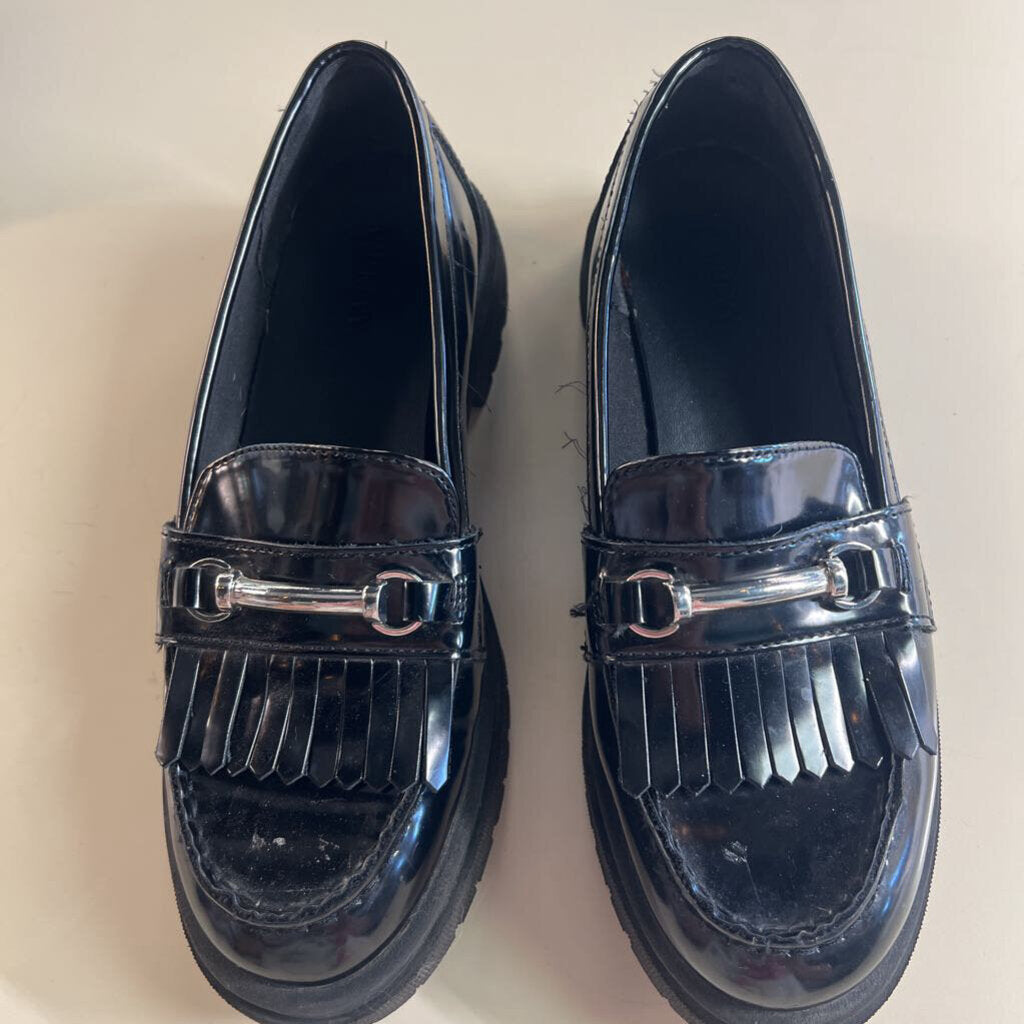 Black Patent Faux Leather Chunky Heel Loafers 8