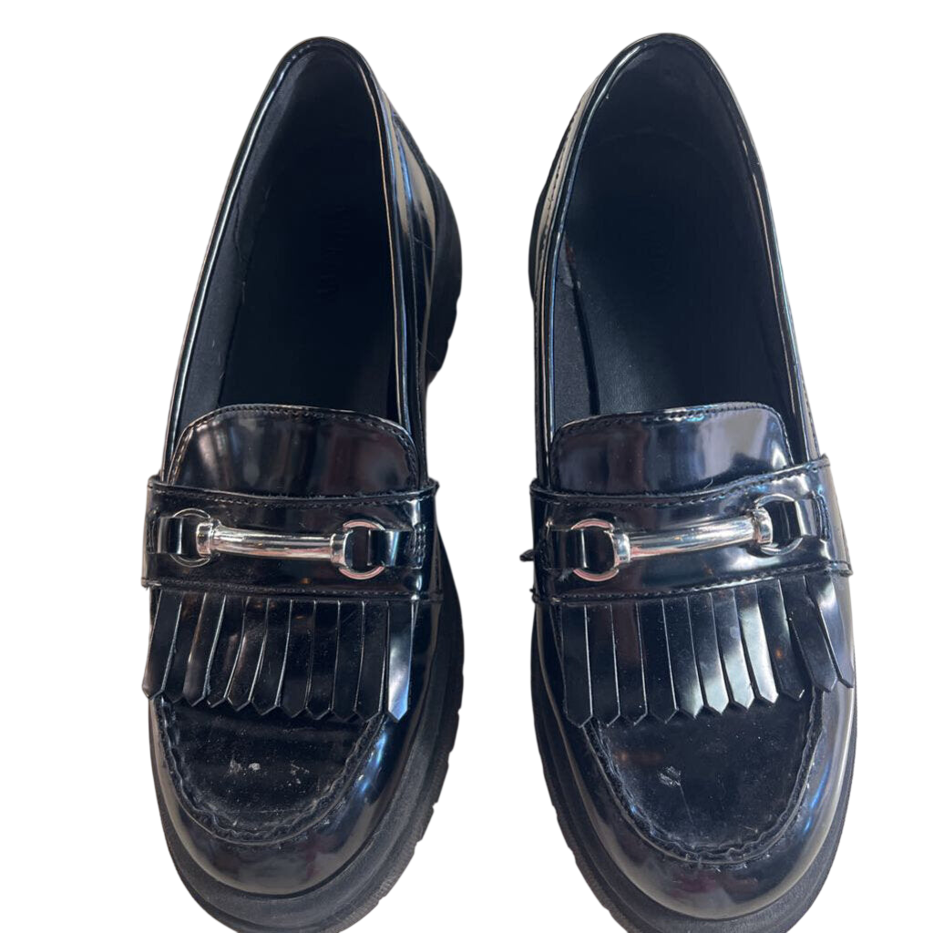 Black Patent Faux Leather Chunky Heel Loafers 8