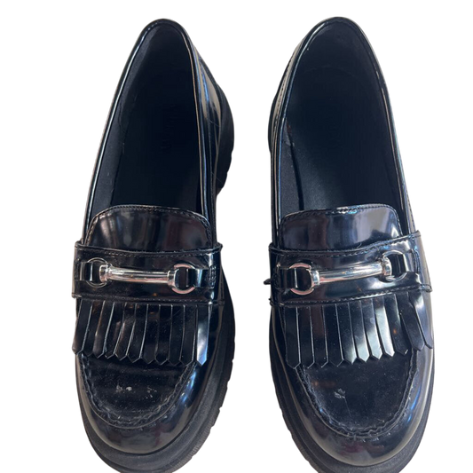 Black Patent Faux Leather Chunky Heel Loafers 8