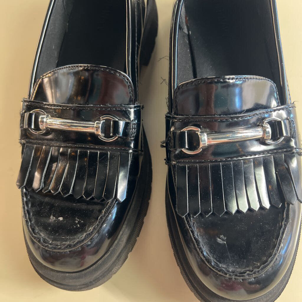 Black Patent Faux Leather Chunky Heel Loafers 8