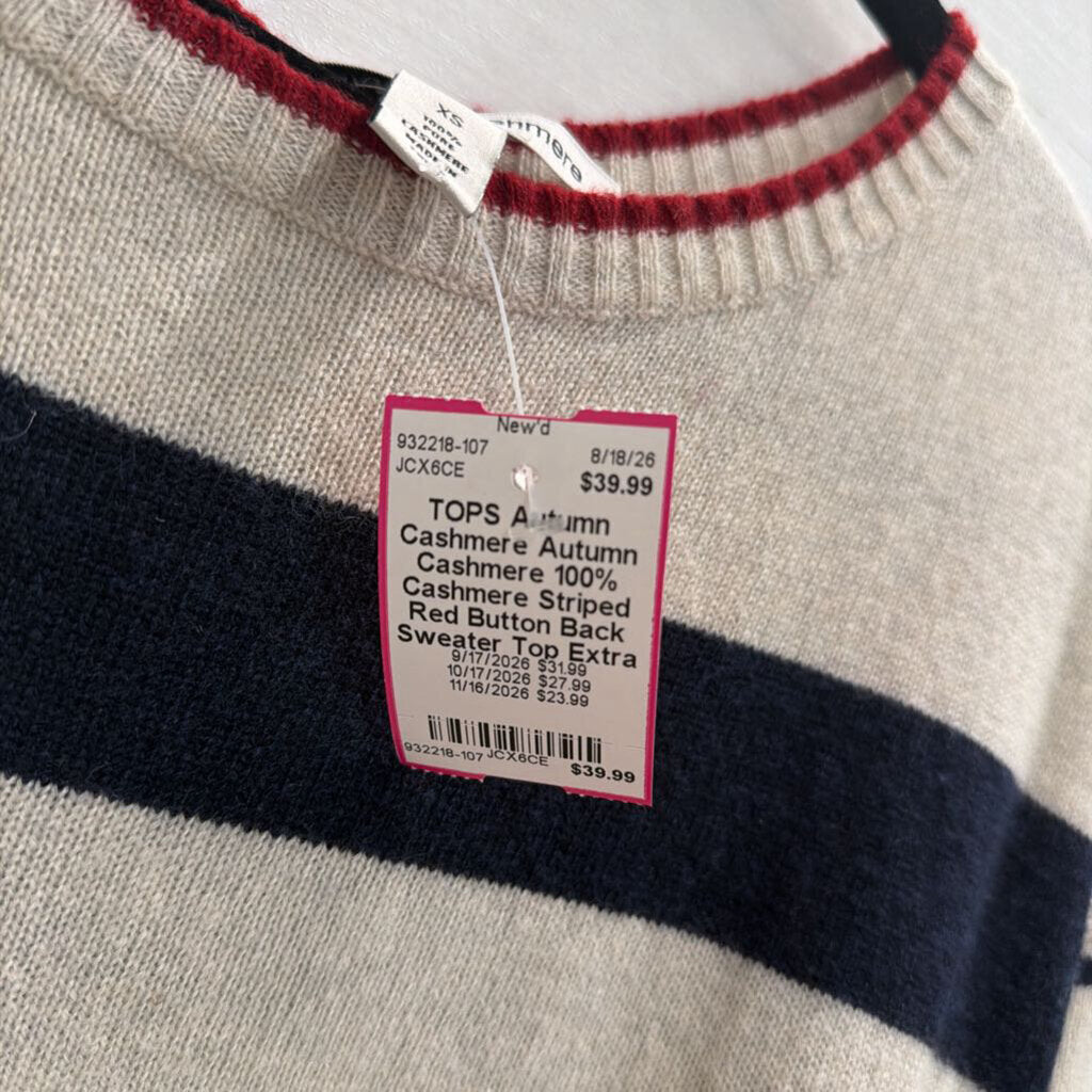 Autumn Cashmere 100% Cashmere Striped Red Button Back Sweater Top Extra Small