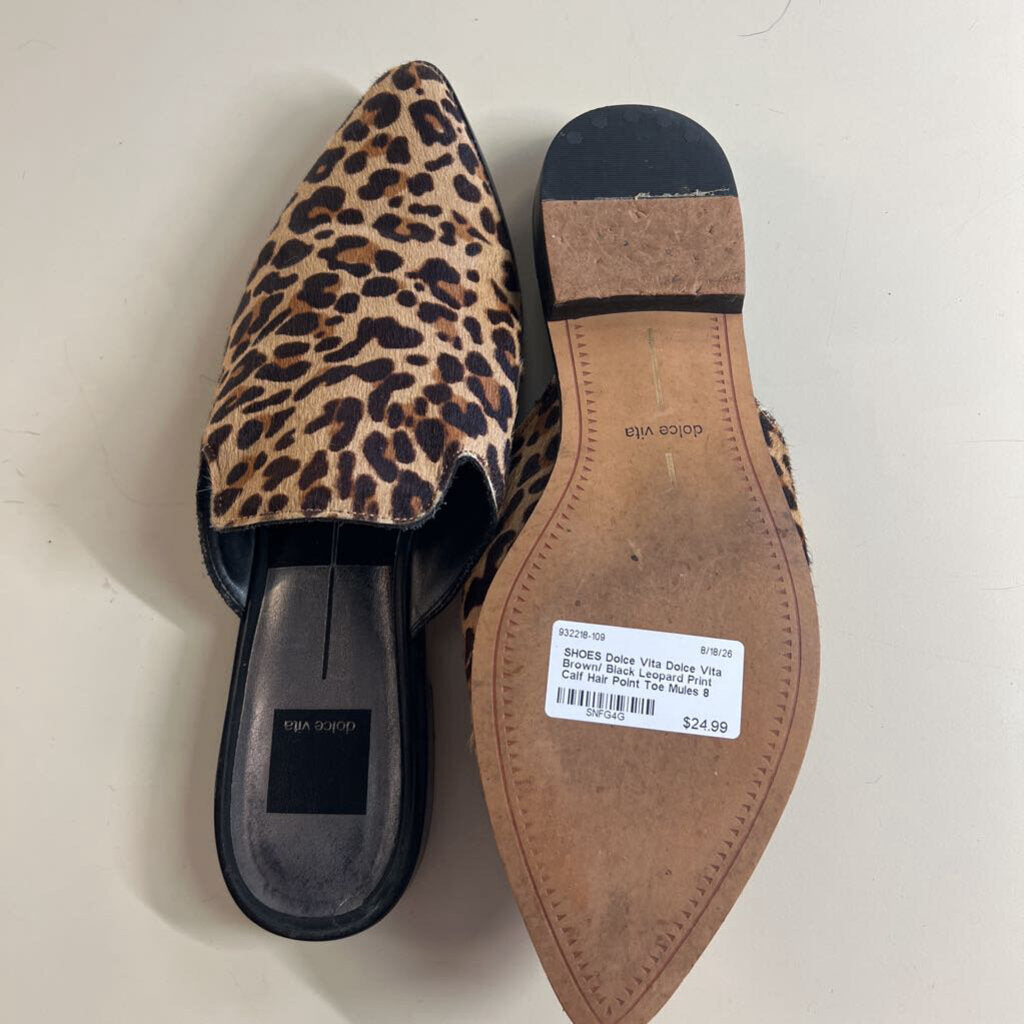 Dolce Vita Brown/ Black Leopard Print Calf Hair Point Toe Mules 8