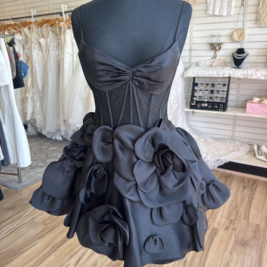Sherri Hill Black Sheer Corset Bodice 3D Floral Skirt Short Formal Dress 6