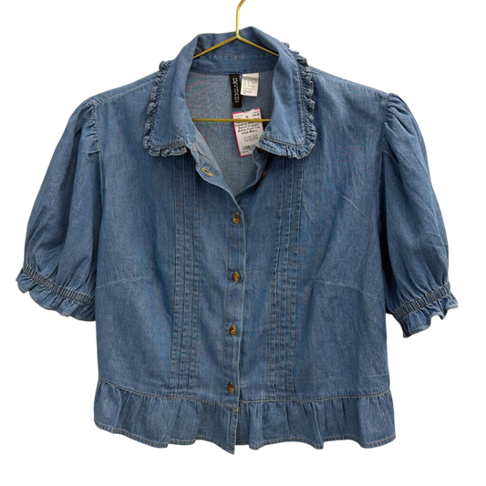 Blue Chambray Short Puff Sleeve Cropped Button Front Top Large