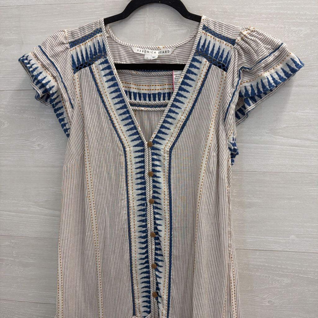 Veronica Beard White/ Blue Print Short Sleeve Button Front Dress Small