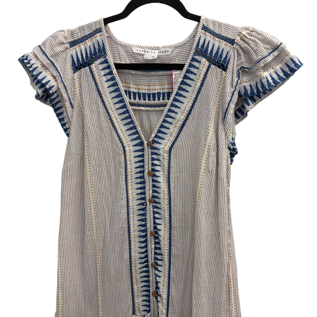 Veronica Beard White/ Blue Print Short Sleeve Button Front Dress Small