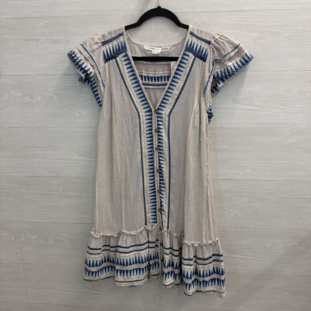 Veronica Beard White/ Blue Print Short Sleeve Button Front Dress Small