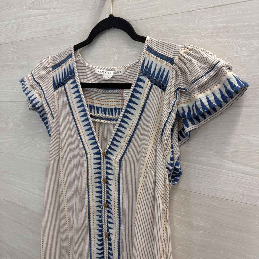 Veronica Beard White/ Blue Print Short Sleeve Button Front Dress Small