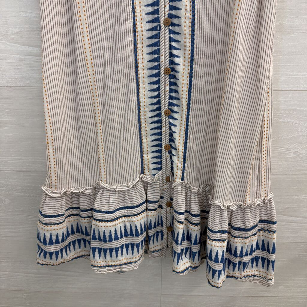 Veronica Beard White/ Blue Print Short Sleeve Button Front Dress Small
