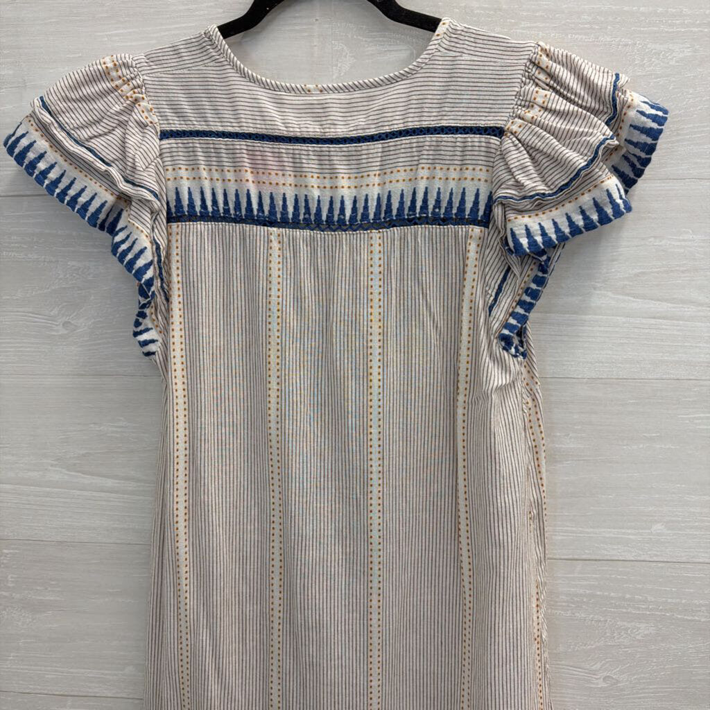 Veronica Beard White/ Blue Print Short Sleeve Button Front Dress Small