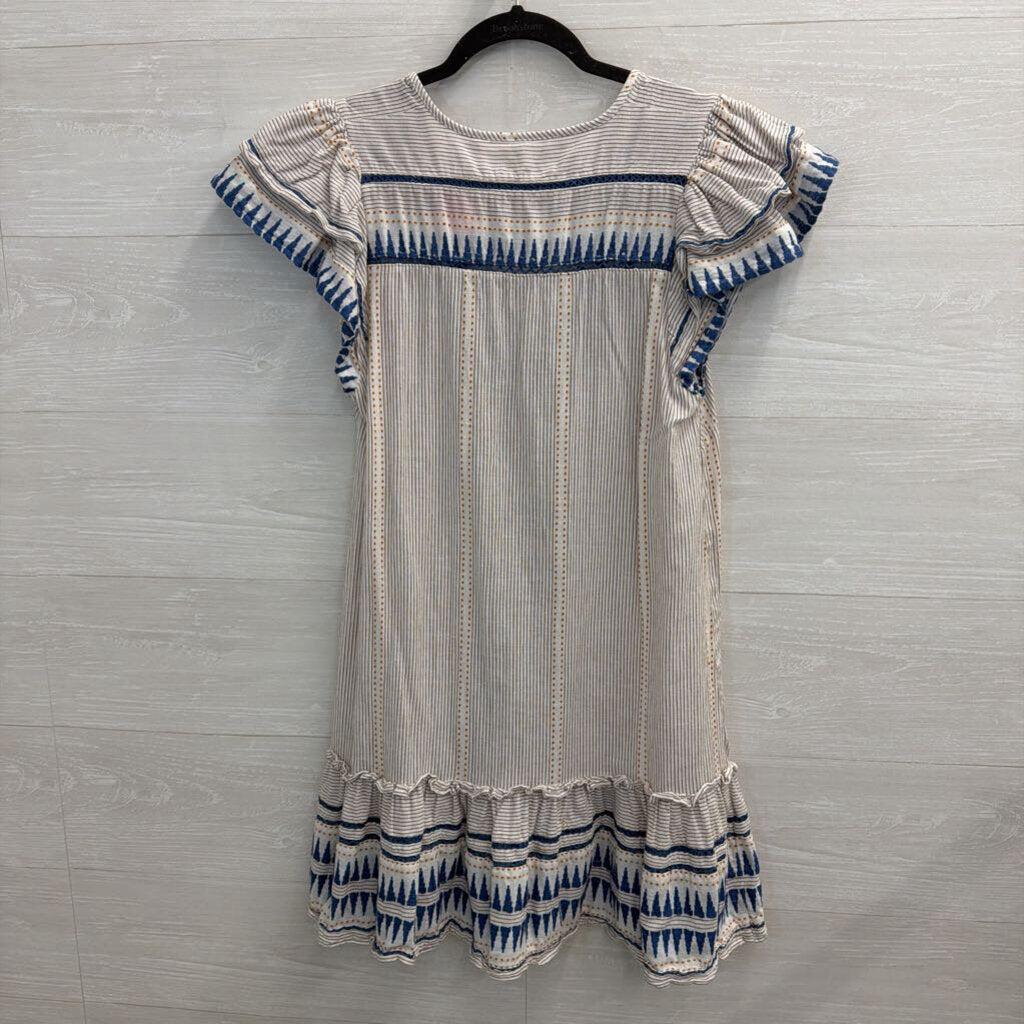 Veronica Beard White/ Blue Print Short Sleeve Button Front Dress Small